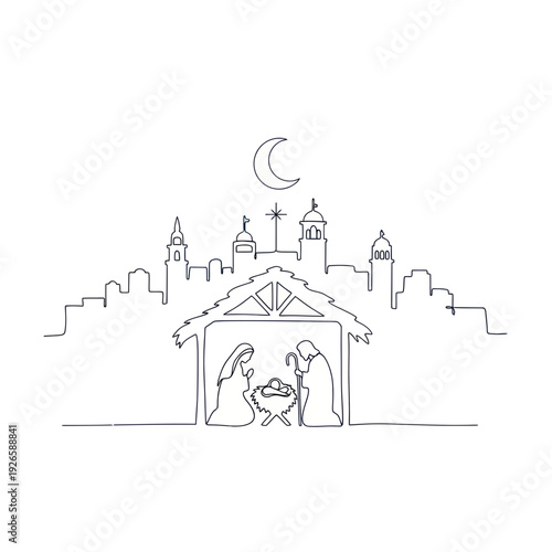 Minimalist Nativity Scene Line Art with Bethlehem Skyline