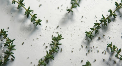 Fresh green thyme sprigs arranged on white background