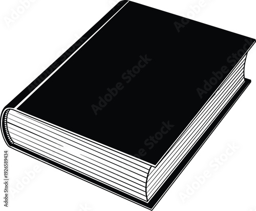 A black book with white pages on a plain background