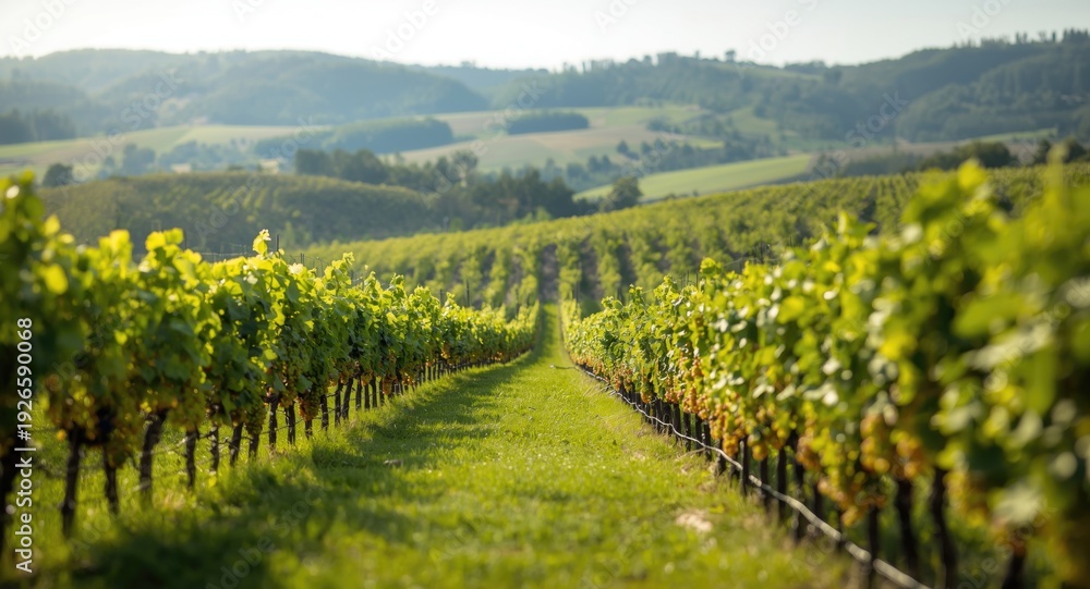 Fototapeta premium Ripening grapevines on green lawn with summer hills in the distance