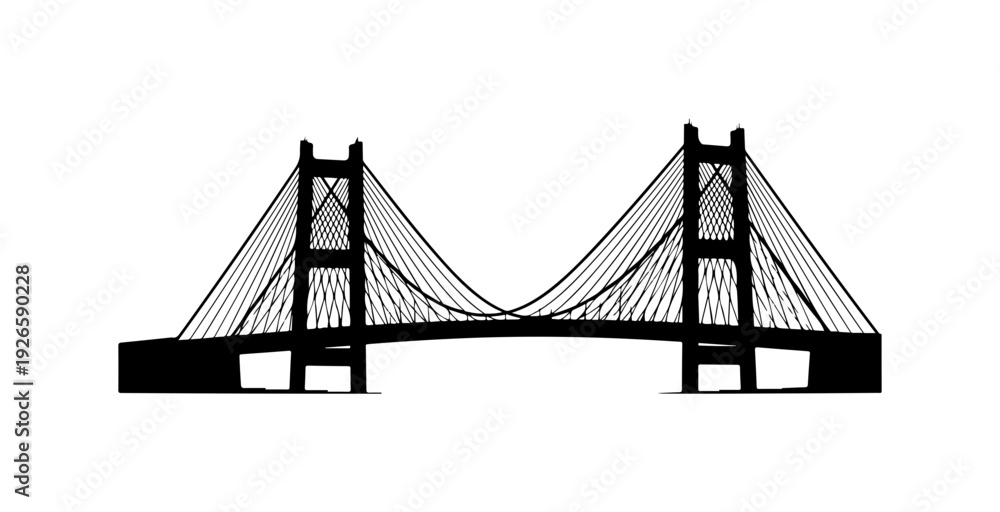 Fototapeta premium Silhouette of a suspension bridge with two towers