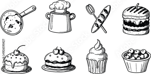 Whimsical hand-drawn icons depict baking ingredients and delicious treats, celebrating culinary creativity.