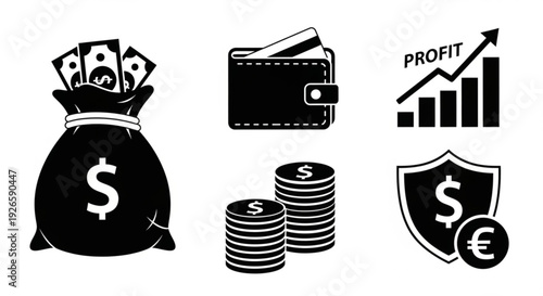 Set of vector money icons with money bags and currency symbols