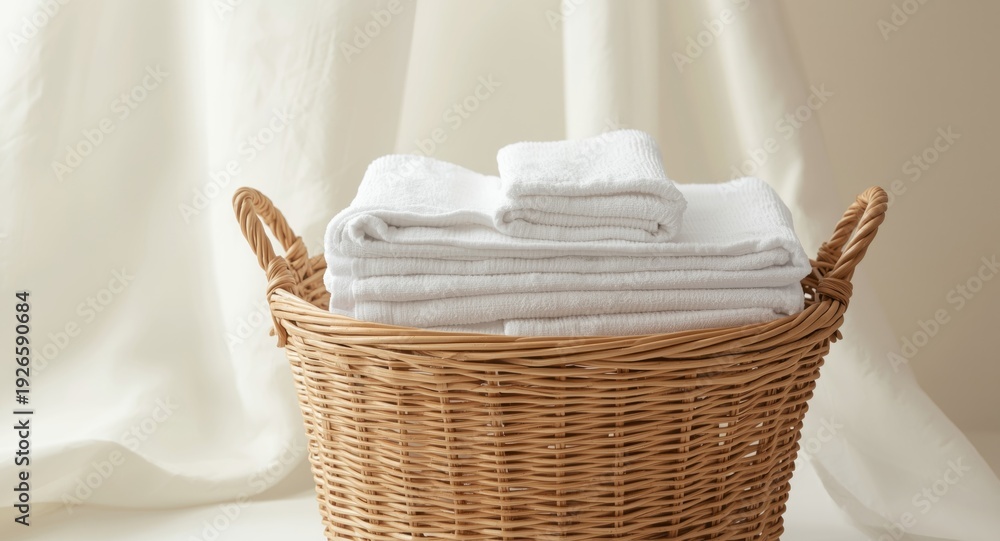 Fototapeta premium white towels folded inside a decorative basket for linen storage