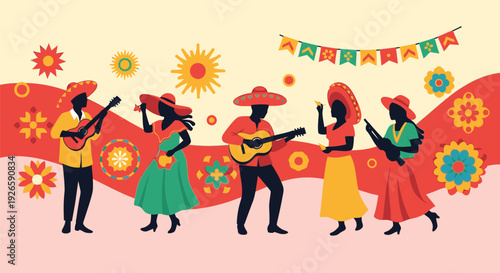 Vibrant Mexican people dancing and playing musical instruments outdoors festively