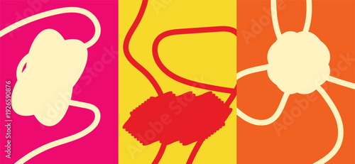 Abstract organic shapes vector collection. Includes fluid forms, wavy lines, and geometric elements. Created in flat style with pink, yellow, orange, and red palette.