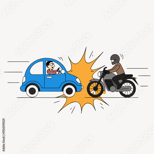 car and motorcycle side impact collision on road, sudden traffic crash moment, vehicle hitting motorbike scene, bike accident, motor bike accident, driving hazard concept
