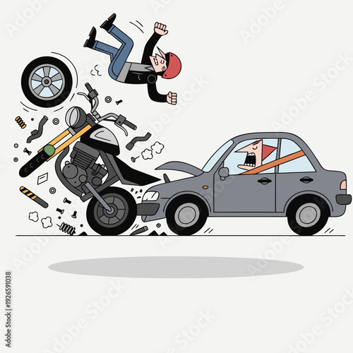 severe road collision with motorbike hitting car, rider ejected with debris explosion, high impact crash illustration, bike accident, motor bike accident, traffic danger concept
