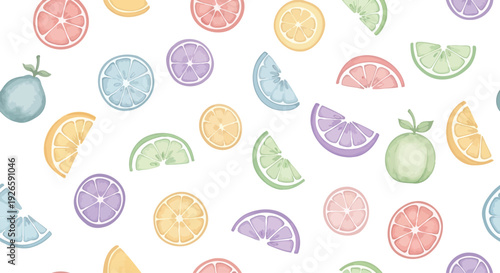 Assorted citrus fruit slices pattern with colorful lemon lime orange and grapefruit pieces on transparent background art