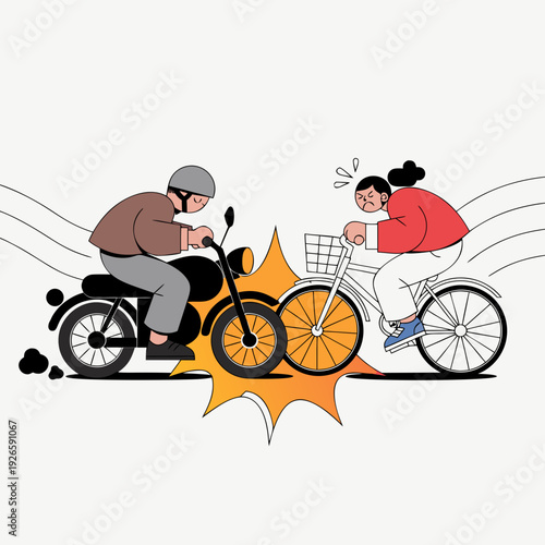 sudden road crash between motorbike and bicycle, front collision impact scene, rider losing control in traffic, motor bike accident, bike accident, urban road safety