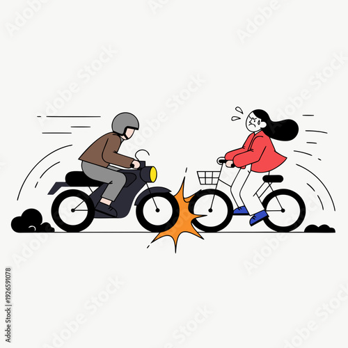 bicycle and motorcycle collision on road, rider crash moment with sudden impact, urban traffic danger scene, bike accident, motor bike accident, road safety concept