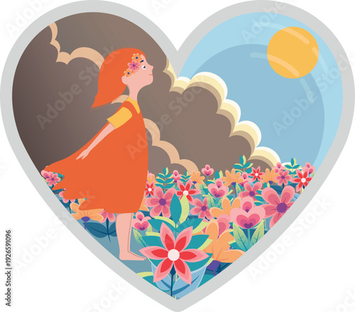 A girl stands in a flowerbed in a field against a backdrop of nature. The sun and clouds are on the horizon, and there are flowers in her hair. The red-haired girl joyfully sways in the wind.