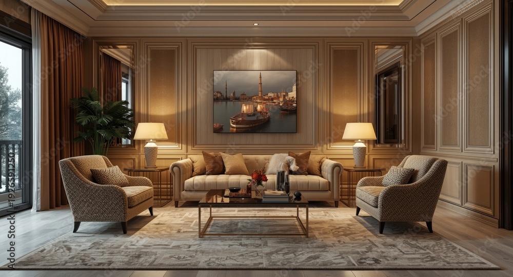 Fototapeta premium refined living room setting in a lavish home with plush carpets and lights