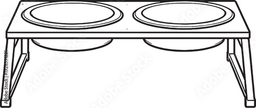 Elevated Double Pet Feeding Station Black and White Line Art Vector Illustration