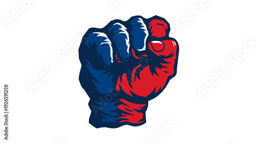 A stylized clenched fist graphic, rendered in red and blue hues against a white background
