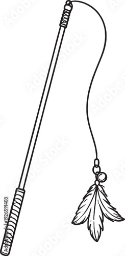 Cat Wand Teaser Toy Black and White Line Art Illustration