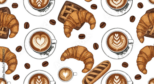 Delicious coffee and croissant pattern with coffee beans and latte art on transparent