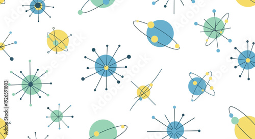 Mid century modern atomic starbursts and planets pattern on transparent background