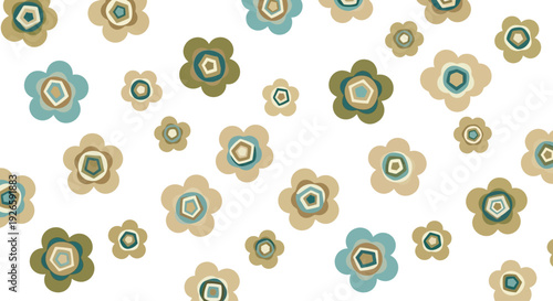 Retro floral seamless pattern with vintage style flowers in muted green tan and blue colors for textile design project