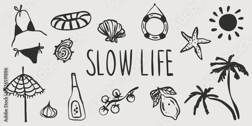 Italian hand drawn vector doodle sketch cafe food illustration set. Summer dinner menu ingredients in minimalist style. Line restaurant vintage retro drawing set. Holiday picnic brunch collection