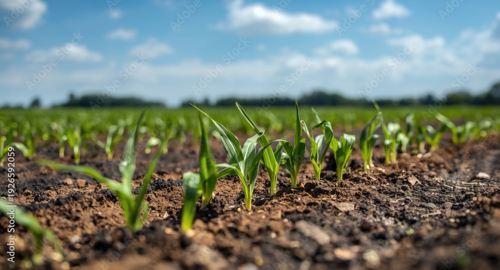 Naklejka premium Supervising fresh corn sprouts emerging from well prepared farmland