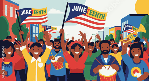 Vibrant Juneteenth Celebration with Diverse Crowd Waving Flags in Urban Setting, SR_50181d71-f33e-4329-922f-794e6e44eb60.eps