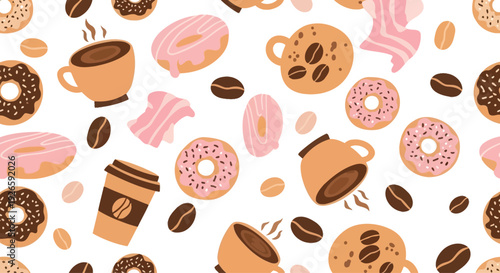 Seamless coffee and donut pattern, sweet treats and hot drinks, morning breakfast background, vector illustration