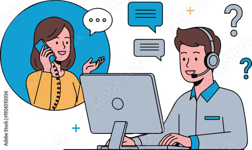Customer support and call center communication vector illustration. Man with headset provides online assistance, woman on phone receives help. Depicts client service, technical support