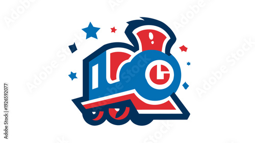A cartoon train illustration in blue, red, and white, with stars