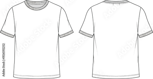 Unisex basic crew neck short sleeve t-shirt flat fashion sketch, technical CAD drawing flat vector illustration, blank clothing template mockup