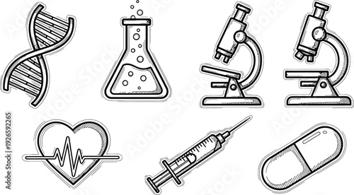 Collection of medical and science icons including DNA, beaker, microscopes, heart monitor, syringe, and pill.