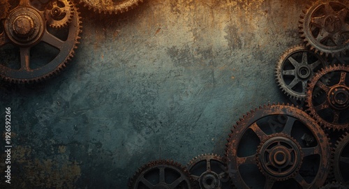 Old rusty gears linked on steel surface with copy space