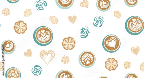 Seamless pattern with latte art coffee cups heart shapes and delicious sweet cookies on transparent background vector