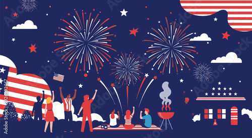 Vibrant 4th of July celebration with fireworks, people, and American flags in a festive atmosphere