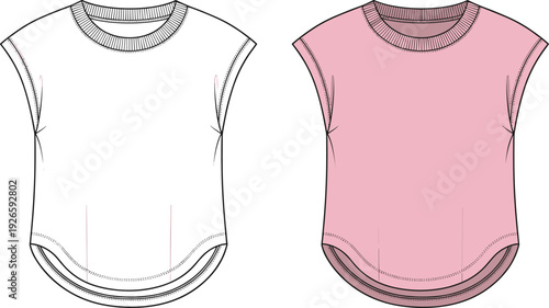 Fashion CAD Drawing Flat Vector Illustration of Women's Racerback Crop Top, Corset Peplum Bodice, Elegant Bodysuits, Halter Dresses, and Cap Sleeve T-Shirt (23 words)