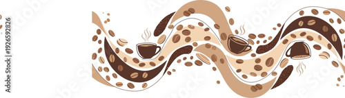 Wavy coffee design with beans, cups, and steam in a seamless horizontal banner format