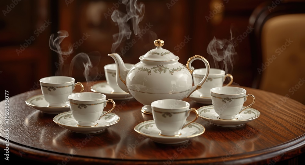 Fototapeta premium Group indulges in hot beverages served from a stylish teapot with coordinated cups on a charming table
