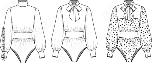 Fashion CAD Drawing Flat Vector Illustration of Women's Elegant Bodysuit Set Featuring Pussy Bow Collar, Turtleneck, Long Lantern Sleeves, and Polka Dot Pattern (24 words)
