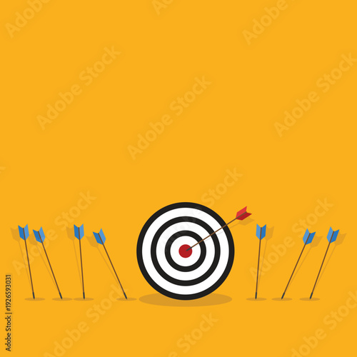 Business challenge failure and success concept. Blue arrows missed hitting target and only red one hits the center.	