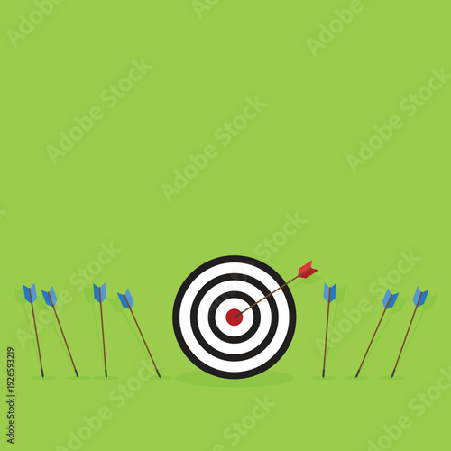 Business challenge failure and success concept. Blue arrows missed hitting target and only red one hits the center.	