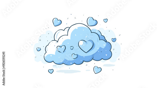 Illustration featuring a fluffy blue cloud with scattered heart-shaped elements, suggesting love and warmth