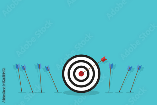 Business challenge failure and success concept. Blue arrows missed hitting target and only red one hits the center.	