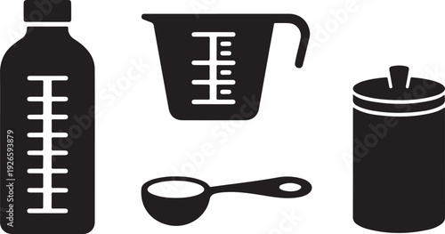 Black kitchen measuring tools bottle cup spoon canister