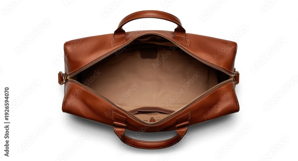 Naklejka premium Open brown leather holdall bag with detailed stitching on white background