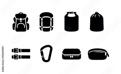 Outdoor camping packing gear: backpack, compression sack, dry bag, stuff sack, packing cube, cargo strap, carabiner, storage pouch