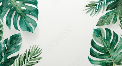 Watercolor painted tropical leaves enhance vertical calendar template with botanical artistic details