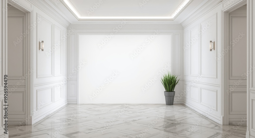 Fototapeta premium Stylish open hallway featuring a white wall mockup and polished flooring