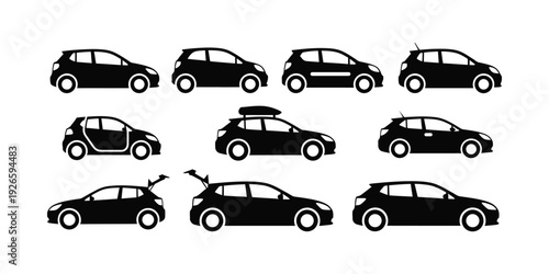 Collection of various car silhouette icons in different orientations and actions on white background