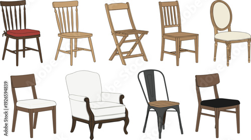 Collection of various chair styles including mid century modern dining chairs wooden folding seats and upholstered classic armchairs for interior design.