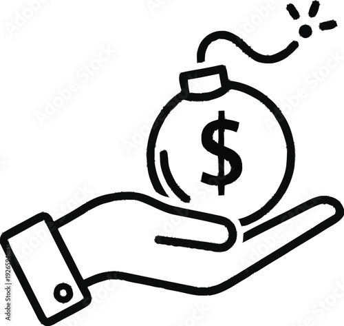 Conceptual outline illustration showing hand holding money bomb symbol representing high risk financial investment loss